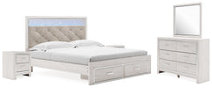 Altyra White King Upholstered Storage Bedroom Set with Dresser, Mirror and 2 Nightstands - Ornate Home