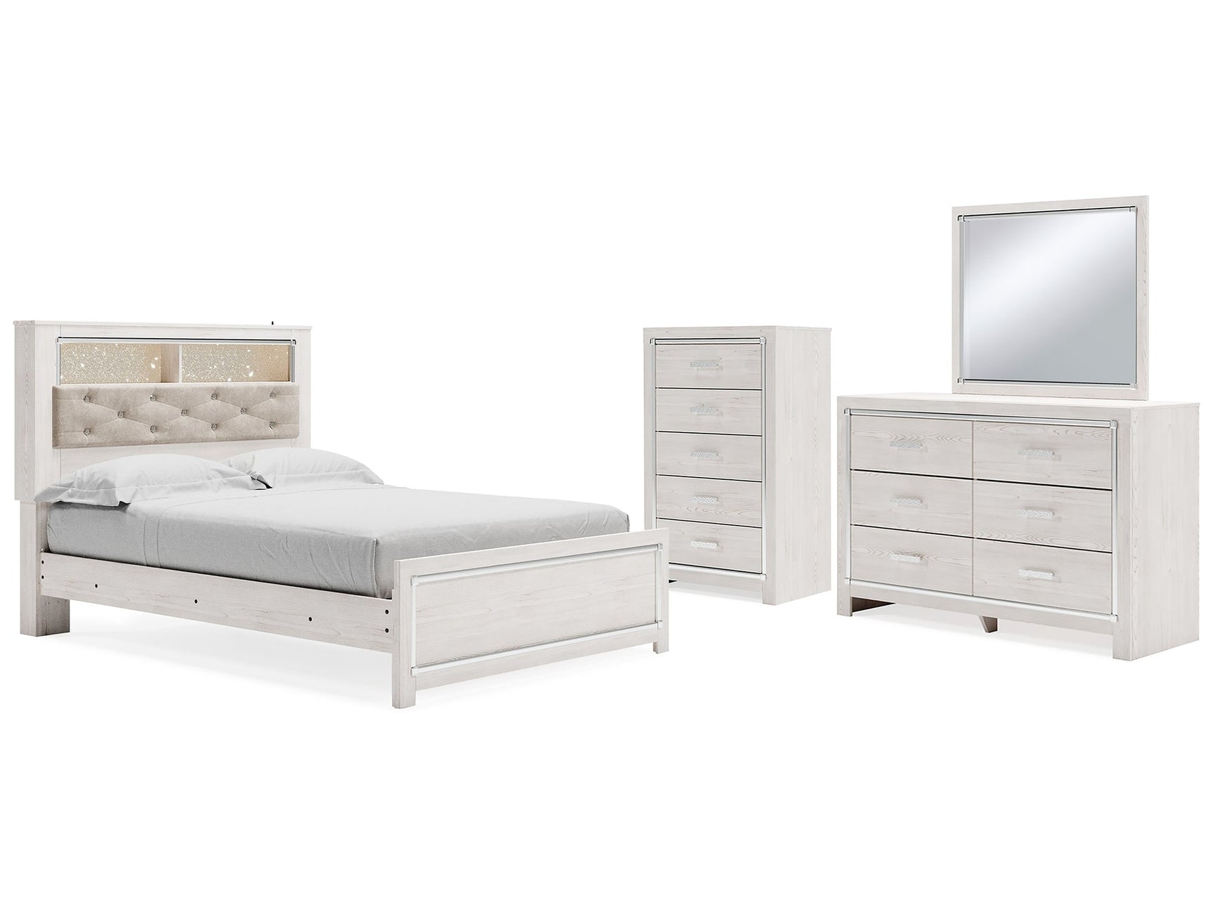 Altyra White Queen Bookcase Panel Bedroom Set with Dresser, Mirror and Chest - Ornate Home
