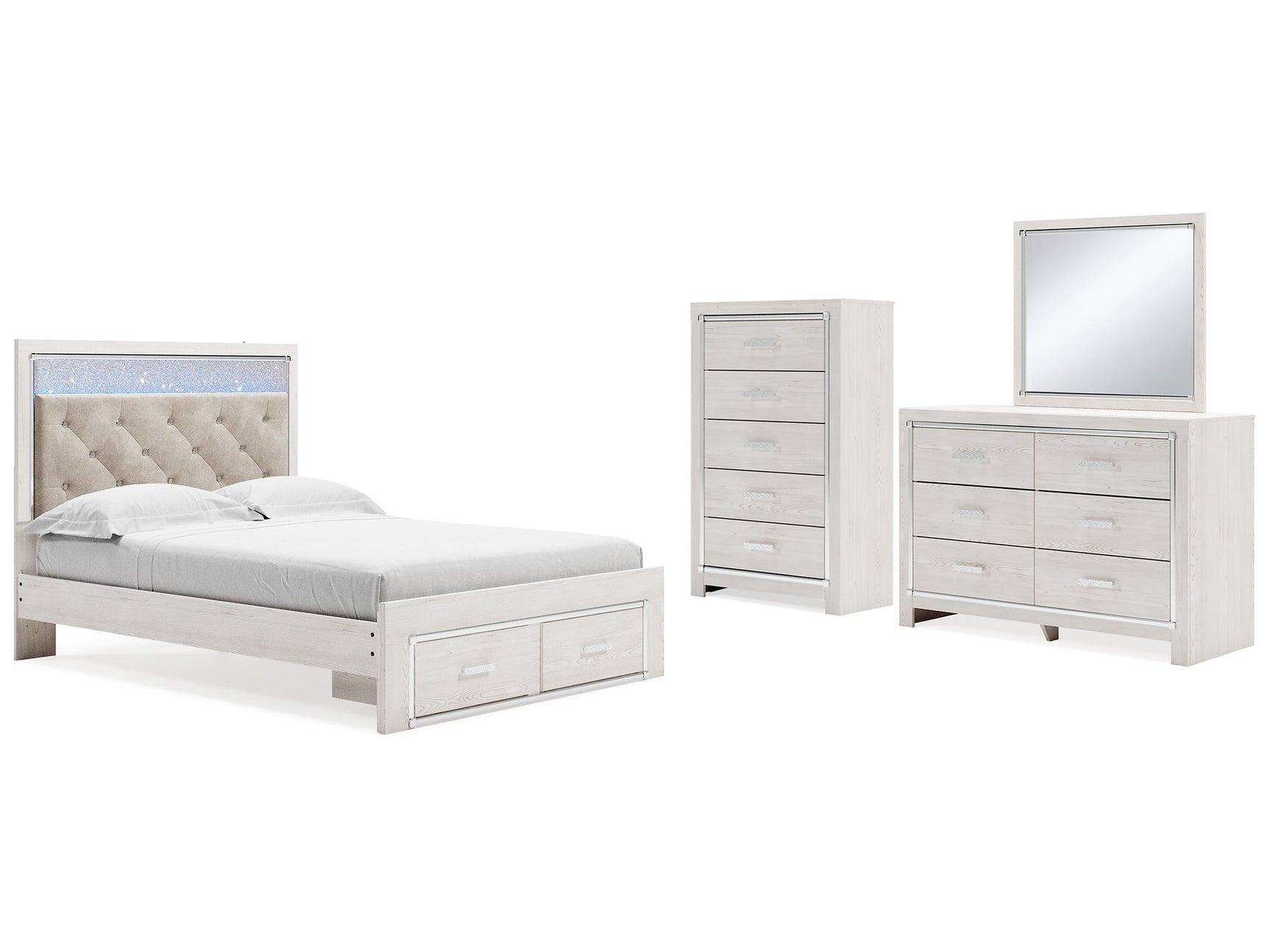 Altyra White Queen Panel Storage Bedroom Set with Dresser, Mirror and Chest - Ornate Home