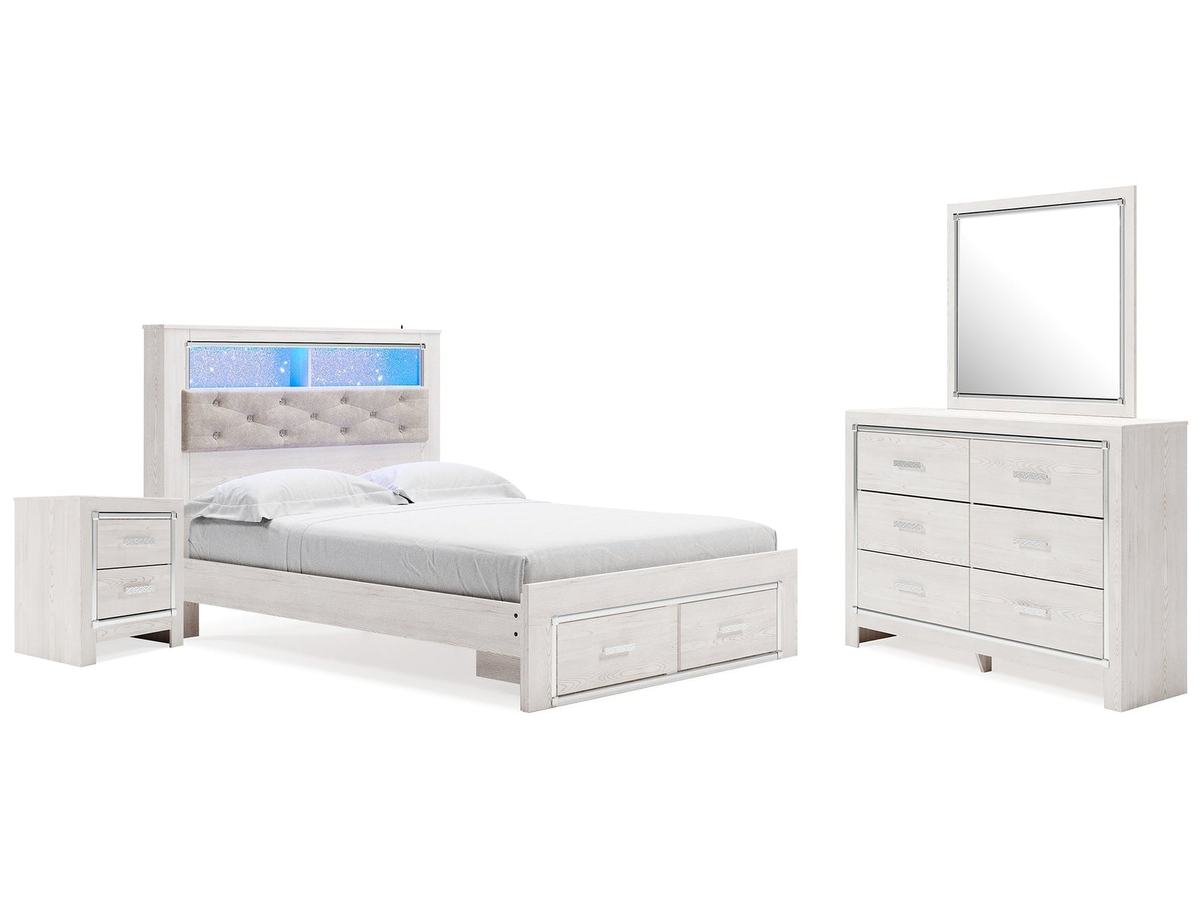Altyra White Queen Panel Storage Bedroom Set with Dresser, Mirror and Nightstand - Ornate Home