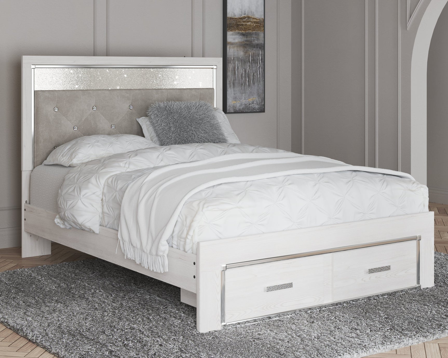 Altyra White Queen Panel Storage Bedroom Set with Mirrored Dresser and Nightstand - Ornate Home