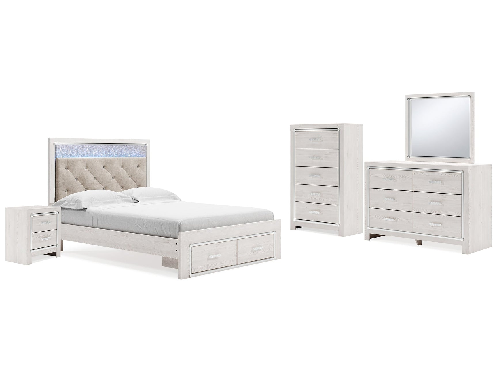 Altyra White Queen Storage Bedroom Set with Dresser, Mirror, Chest and Nightstand - Ornate Home