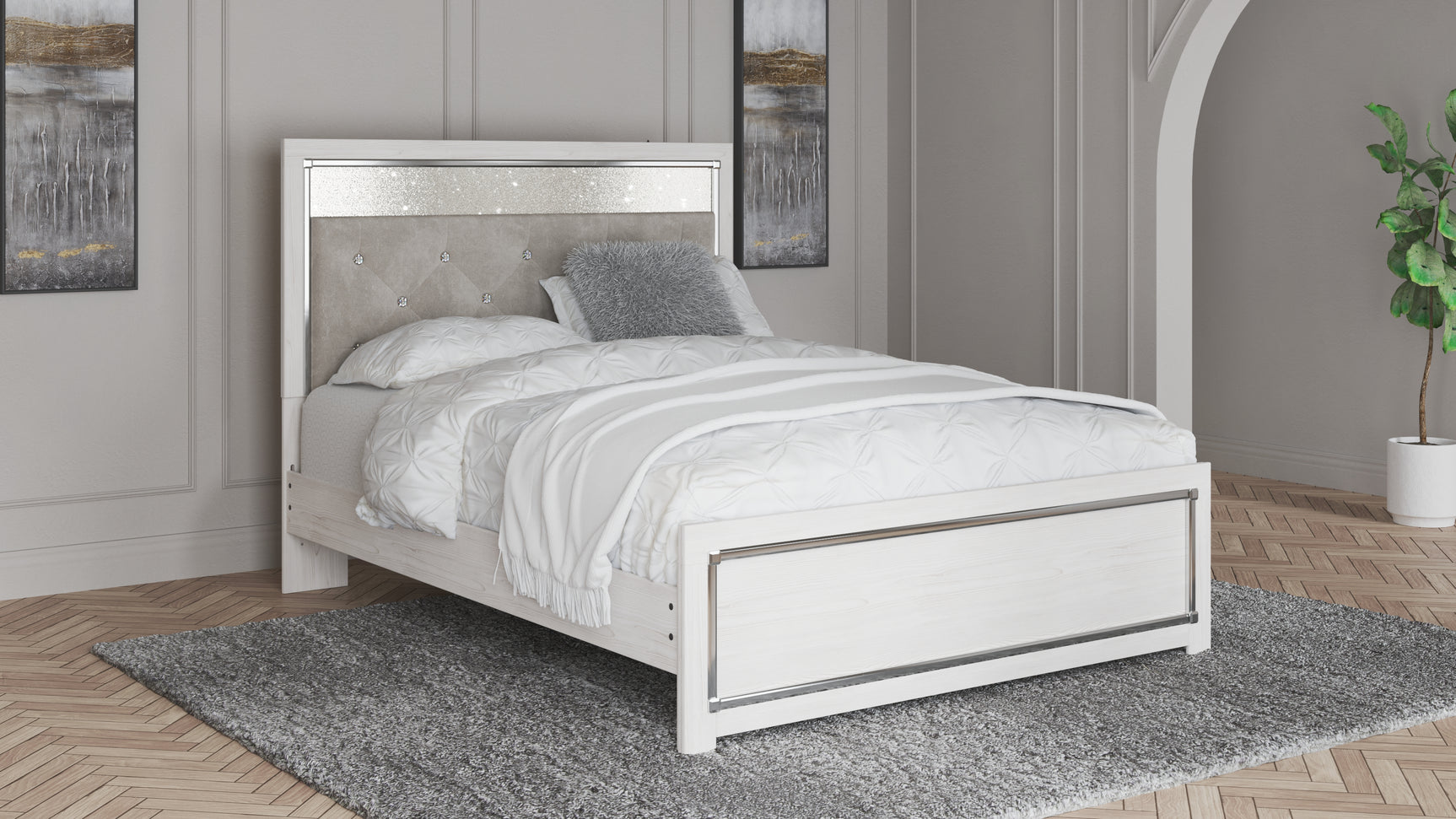 Altyra White Queen Upholstered Panel Bed, Dresser and Mirror (Online Special Price) - Ornate Home