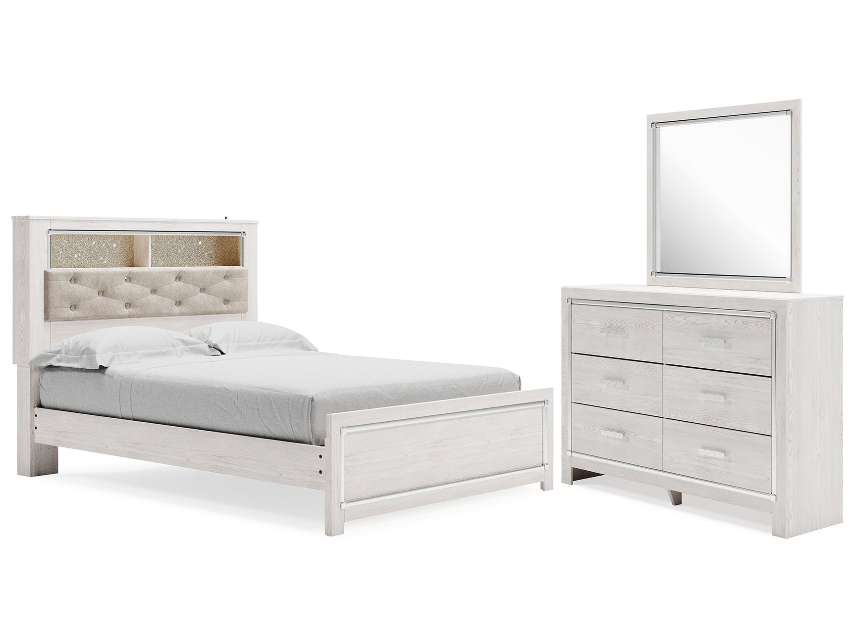 Altyra White Queen Upholstered Panel Bed, Dresser and Mirror - Ornate Home