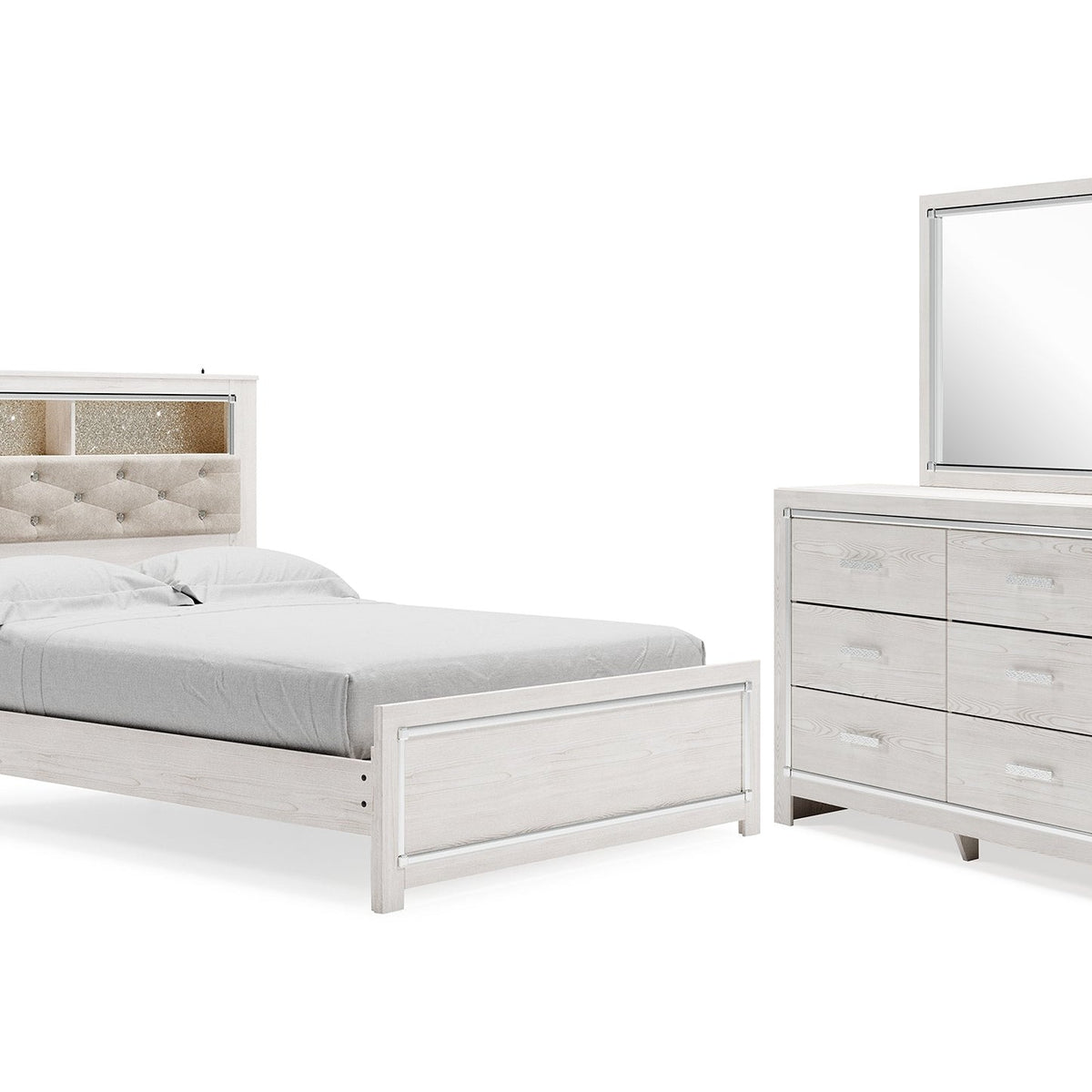 Ashley Furniture Altyra White Queen Upholstered Panel Bed With Bookcase ...