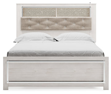Altyra White Queen Upholstered Panel Bed With Bookcase, Dresser and Mirror - Ornate Home