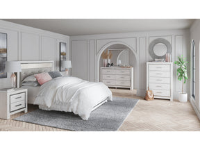 Altyra White Queen Upholstered Panel Bedroom Set with Dresser, Mirror, and Chest - Ornate Home