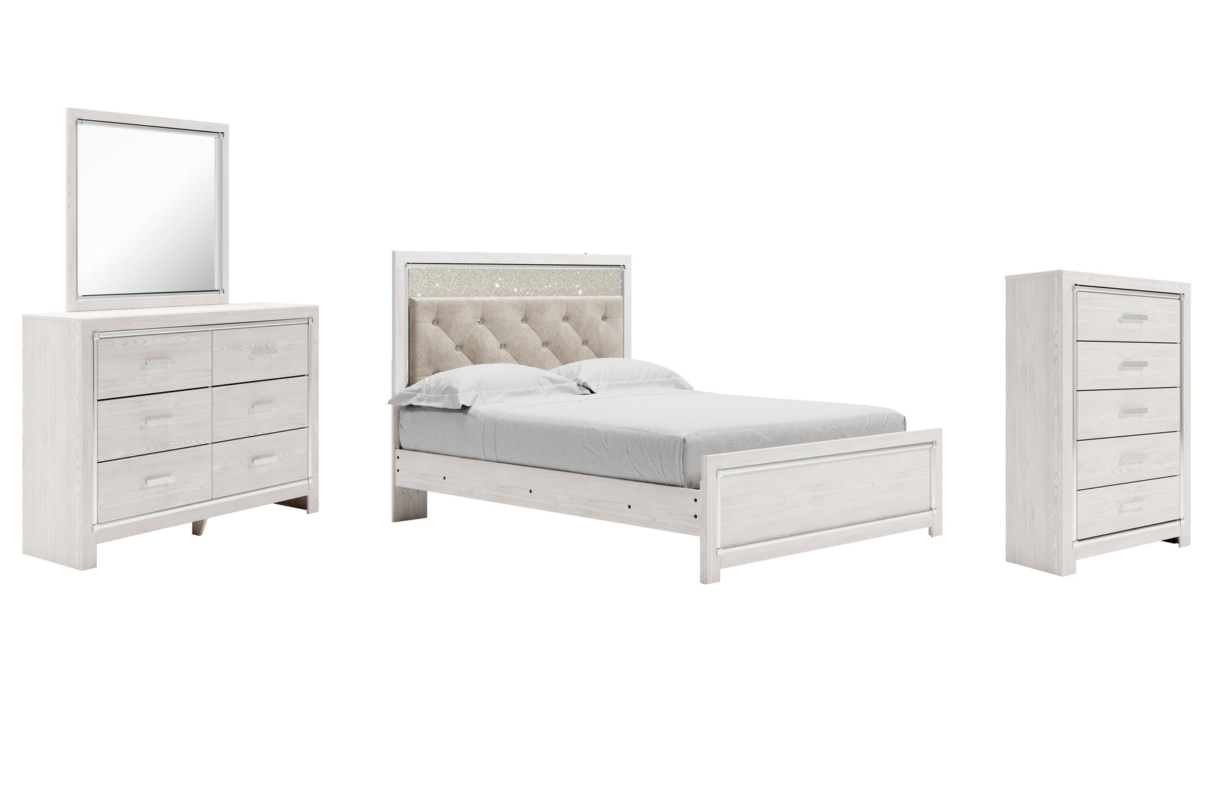 Altyra White Queen Upholstered Panel Bedroom Set with Dresser, Mirror, and Chest - Ornate Home