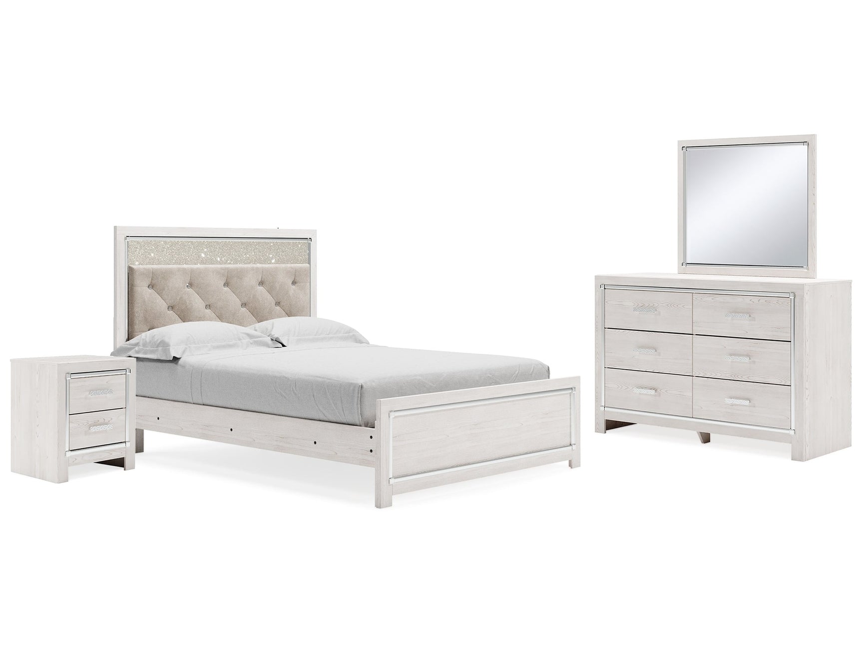 Altyra White Queen Upholstered Panel Bedroom Set with Dresser, Mirror, and Nightstand - Ornate Home