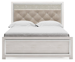 Altyra White Queen Upholstered Panel Bedroom Set with Dresser, Mirror, and Nightstand - Ornate Home