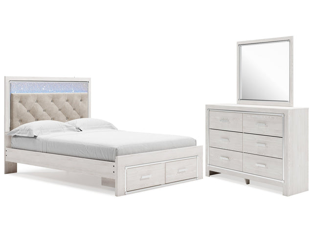 Altyra White Queen Upholstered Panel Storage Bed, Dresser and Mirror (Online Special Price) - Ornate Home