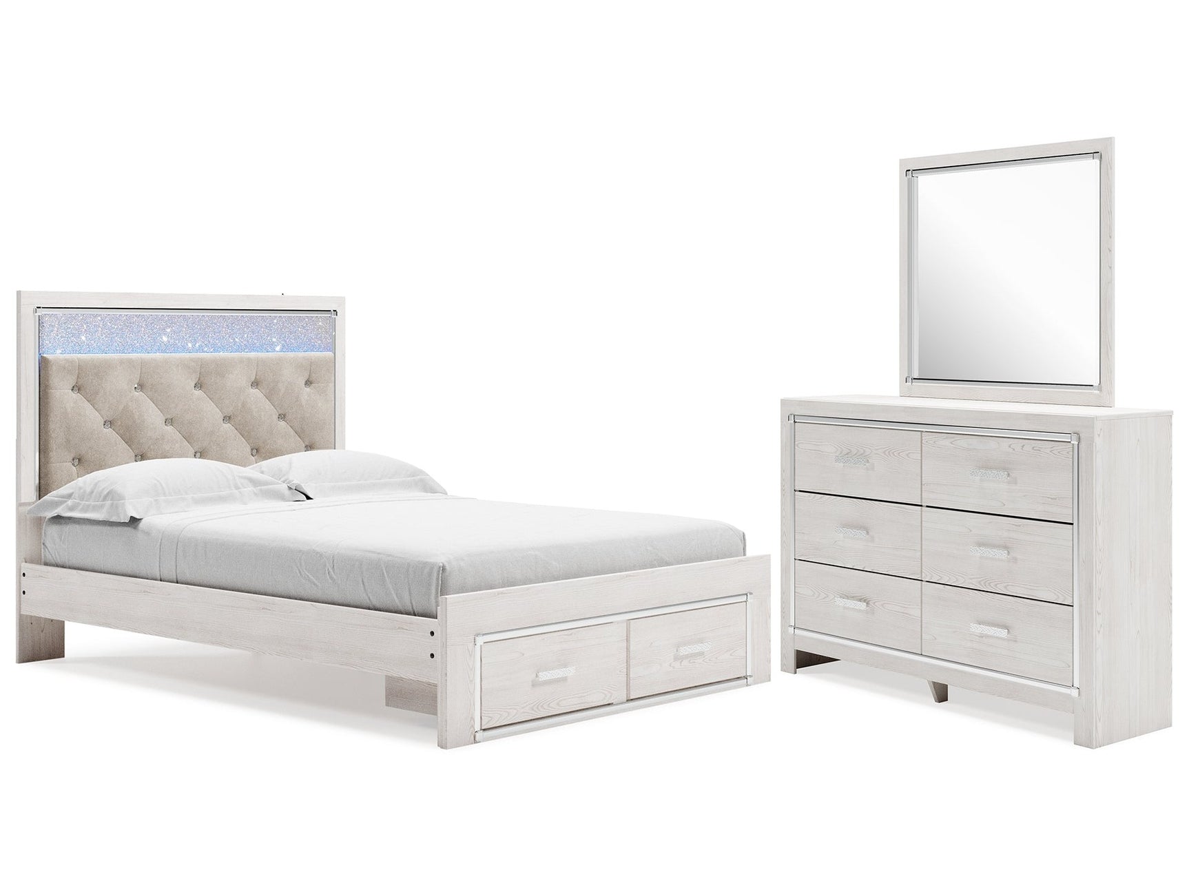 Altyra White Queen Upholstered Panel Storage Bed, Dresser and Mirror - Ornate Home