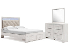 Altyra White Queen Upholstered Panel Storage Bed, Dresser and Mirror - Ornate Home