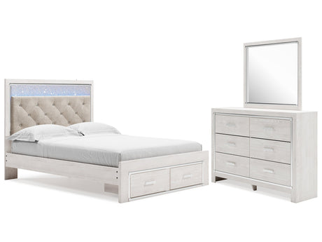Altyra White Queen Upholstered Panel Storage Bed, Dresser and Mirror - Ornate Home