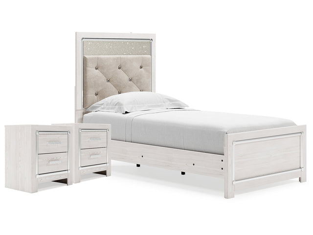 Altyra White Twin Upholstered Panel Bed and 2 Nightstands - Ornate Home