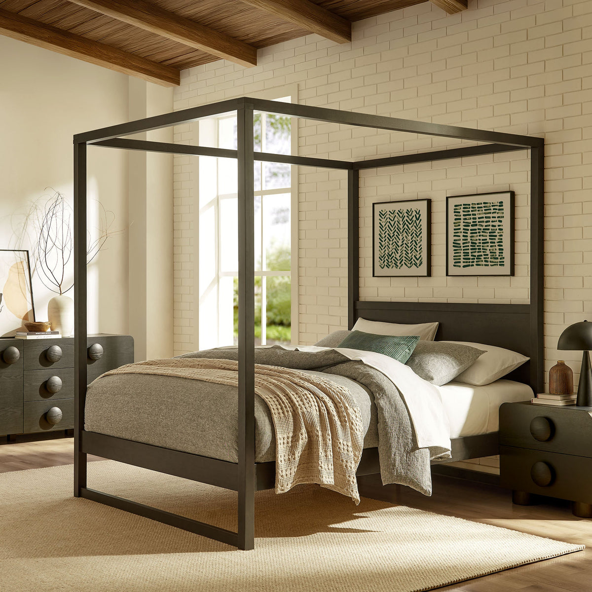 Alva Smoked Oak King Wood Canopy Platform Bed - Ornate Home