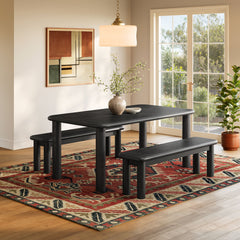 Alvia Black 3-Piece Oak Wood Dining Table and Benches Set - Ornate Home