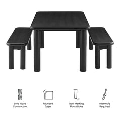 Alvia Black 3-Piece Oak Wood Dining Table and Benches Set - Ornate Home