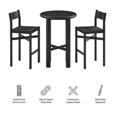 Alvia Black 3-Piece Round Oak Wood Bar Table With Bar Stools Set - Ornate Home