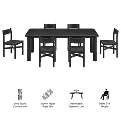 Alvia Black 7-Piece Oak Wood Extendable Dining Table and Chairs Set - Ornate Home