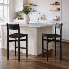Alvia Black Oak Wood Bar Stools With Woven Seats (Set of 2) - Ornate Home