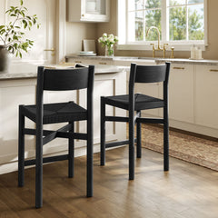 Alvia Black Oak Wood Counter Stools With Woven Seats (Set of 2) - Ornate Home