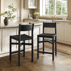 Alvia Black Oak Wood Counter Stools With Woven Seats (Set of 2) - Ornate Home