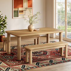 Alvia Weathered 3-Piece Oak Wood Dining Table and Benches Set - Ornate Home