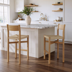 Alvia Weathered Oak Wood Bar Stools With Woven Seats (Set of 2) - Ornate Home
