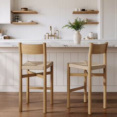 Alvia Weathered Oak Wood Bar Stools With Woven Seats (Set of 2) - Ornate Home