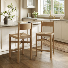 Alvia Weathered Oak Wood Counter Stools With Woven Seats (Set of 2) - Ornate Home