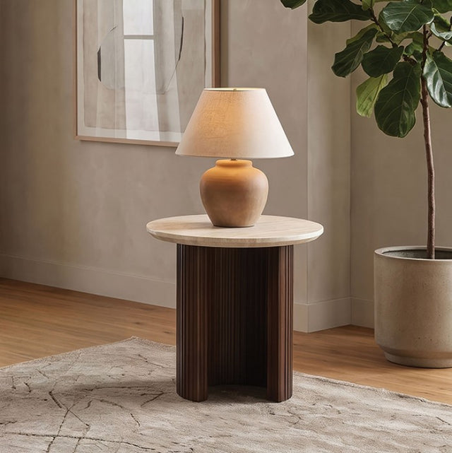 Alvik Dark Walnut/Light Beige Round End Table - Ornate Home