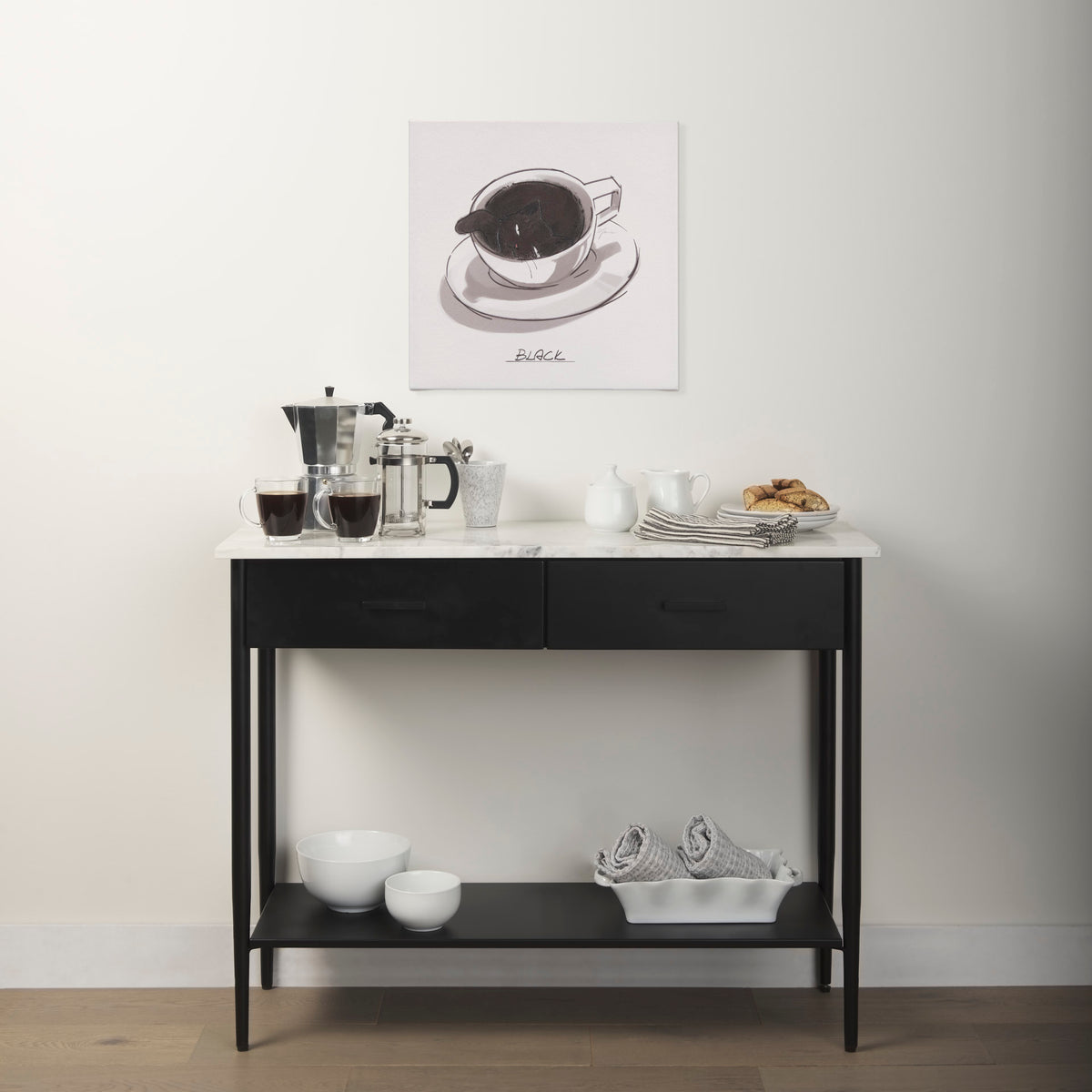 Amika White/Black Marble Top Metal Base Console Table