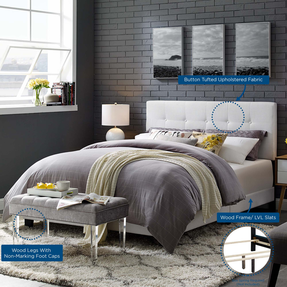 Amira White Upholstered Fabric Queen Bed - Ornate Home