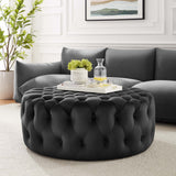 Amour Black Tufted Button Large Round Performance Velvet Ottoman - Ornate Home