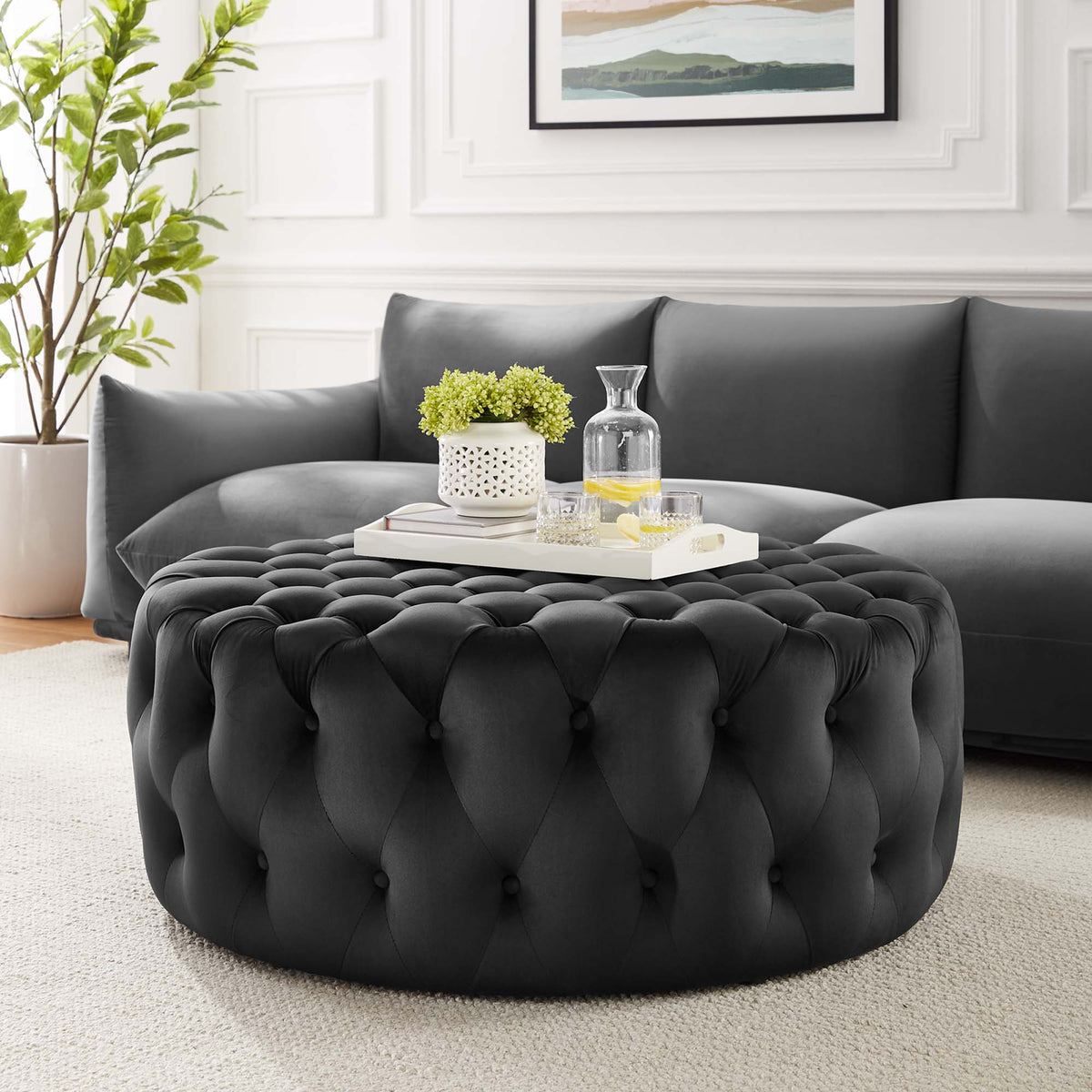 Amour Black Tufted Button Large Round Performance Velvet Ottoman - Ornate Home