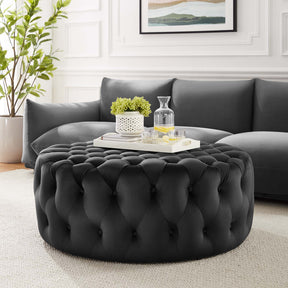 Amour Black Tufted Button Large Round Performance Velvet Ottoman - Ornate Home