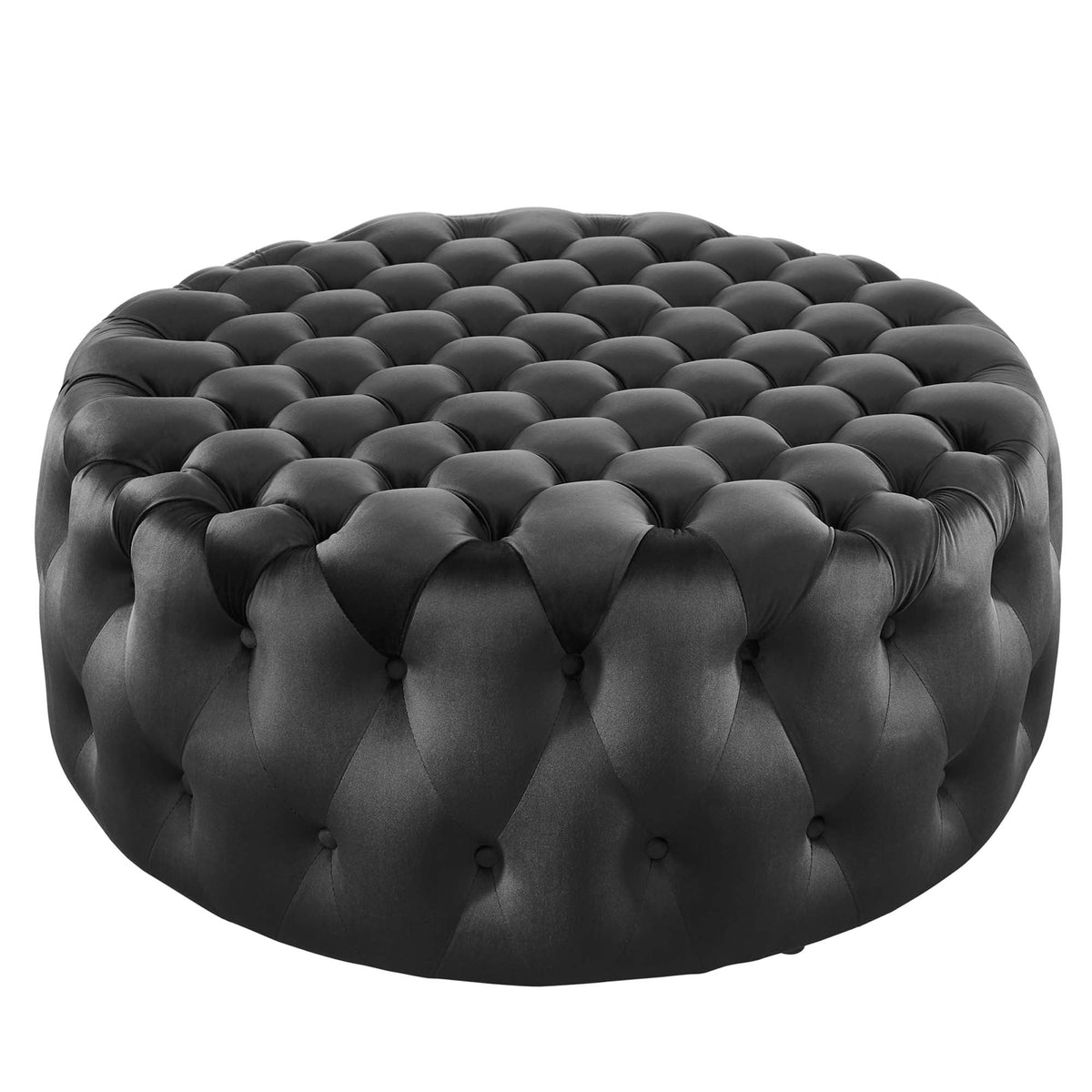 Amour Black Tufted Button Large Round Performance Velvet Ottoman - Ornate Home