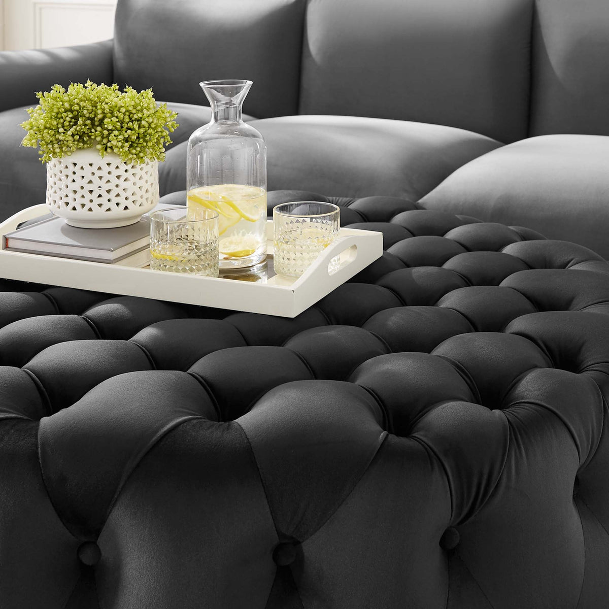 Amour Black Tufted Button Large Round Performance Velvet Ottoman - Ornate Home