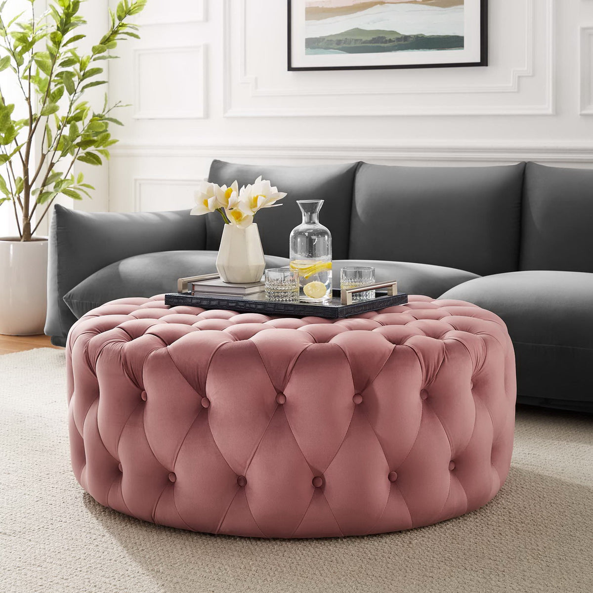 Amour Dusty Rose Tufted Button Large Round Performance Velvet Ottoman - Ornate Home