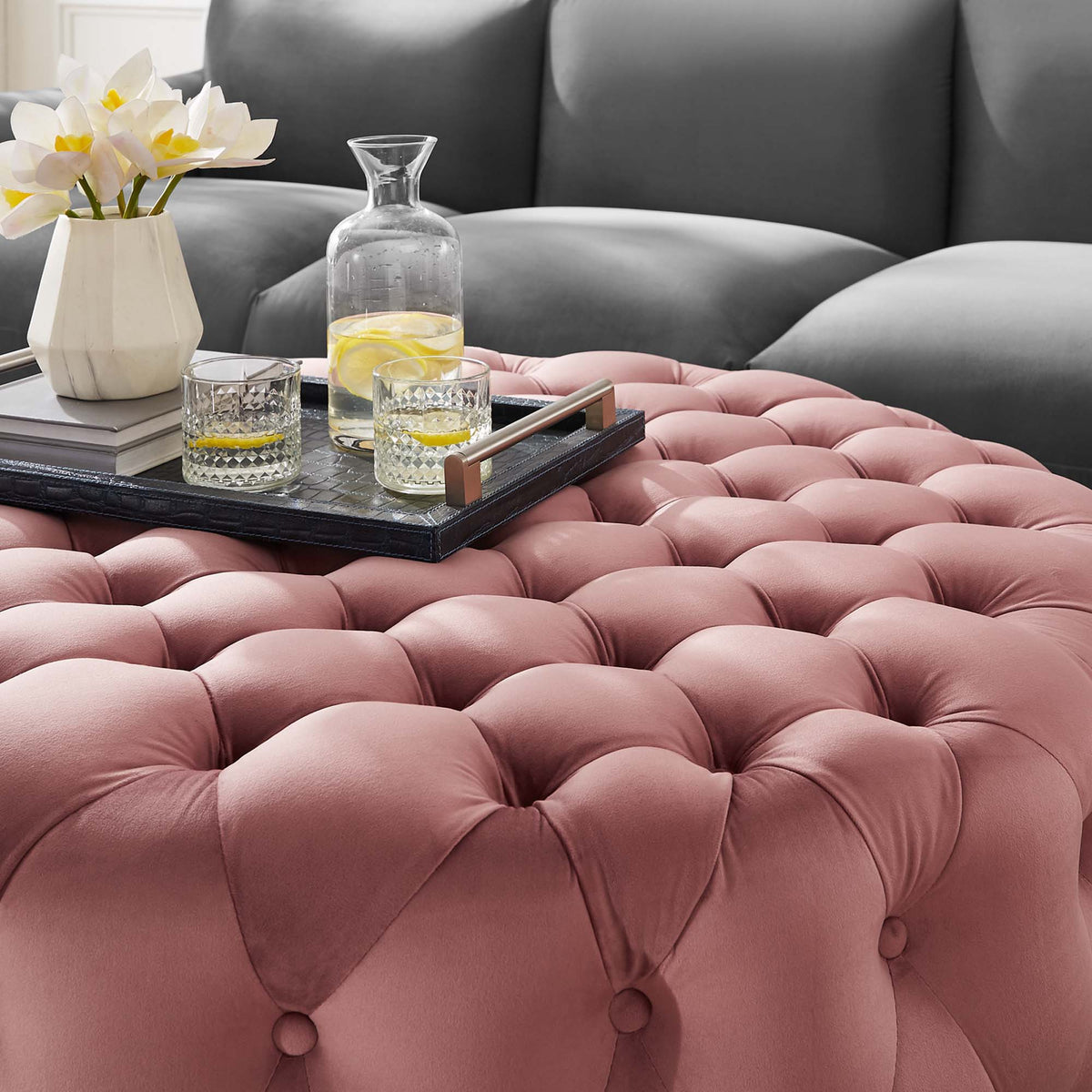 Amour Dusty Rose Tufted Button Large Round Performance Velvet Ottoman - Ornate Home