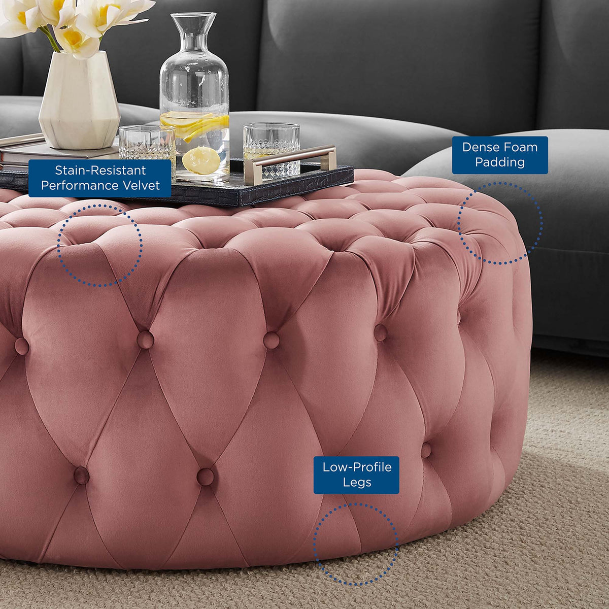 Amour Dusty Rose Tufted Button Large Round Performance Velvet Ottoman - Ornate Home