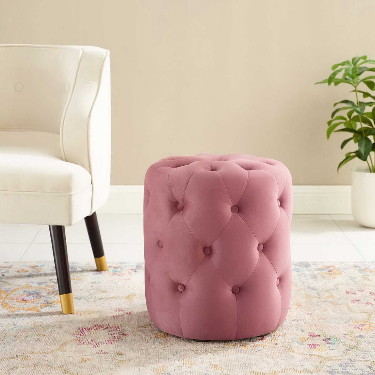 Amour Dusty Rose Tufted Button Round Performance Velvet Ottoman - Ornate Home