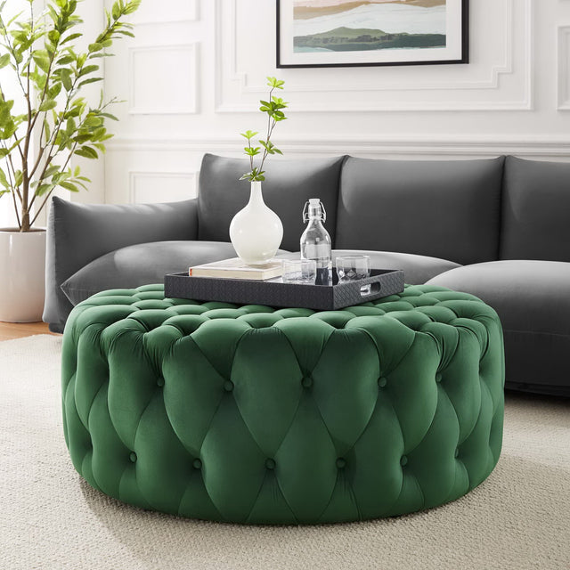 Amour Emerald Tufted Button Large Round Performance Velvet Ottoman - Ornate Home