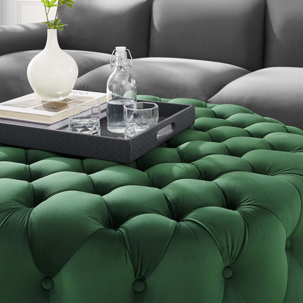 Amour Emerald Tufted Button Large Round Performance Velvet Ottoman - Ornate Home