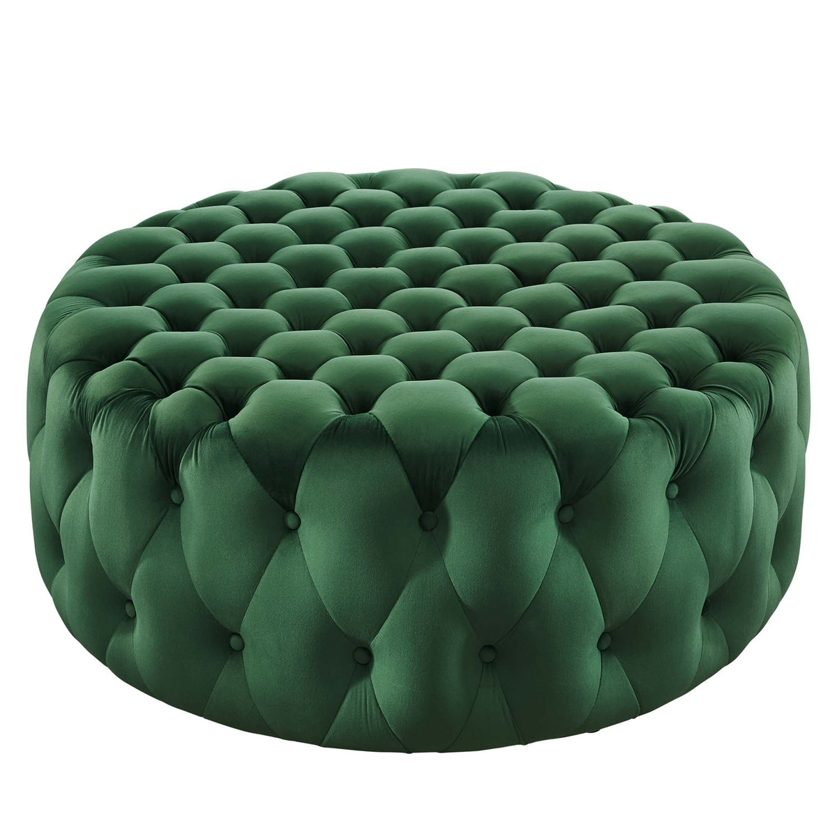 Amour Emerald Tufted Button Large Round Performance Velvet Ottoman - Ornate Home