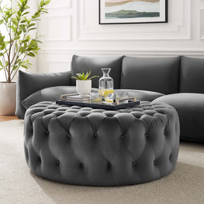 Amour Gray Tufted Button Large Round Performance Velvet Ottoman - Ornate Home