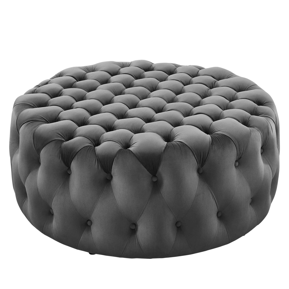 Amour Gray Tufted Button Large Round Performance Velvet Ottoman - Ornate Home