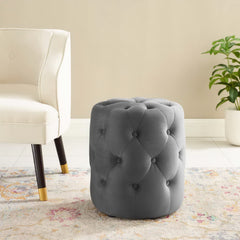 Amour Gray Tufted Button Round Performance Velvet Ottoman - Ornate Home