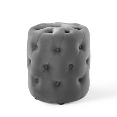 Amour Gray Tufted Button Round Performance Velvet Ottoman - Ornate Home